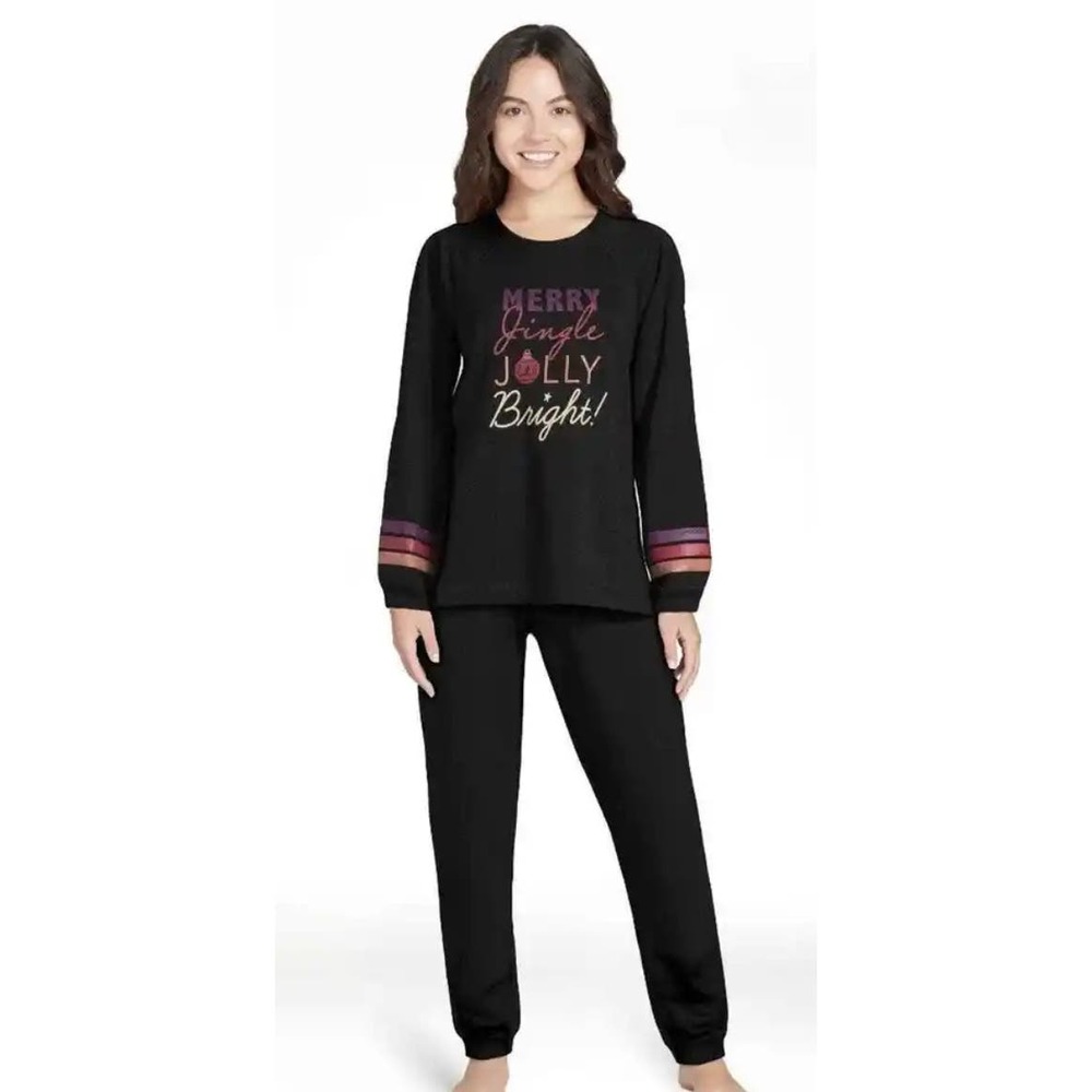 Joyspun Small Women's French Terrycloth Holiday Pajama Gift Set 2-Piece Black